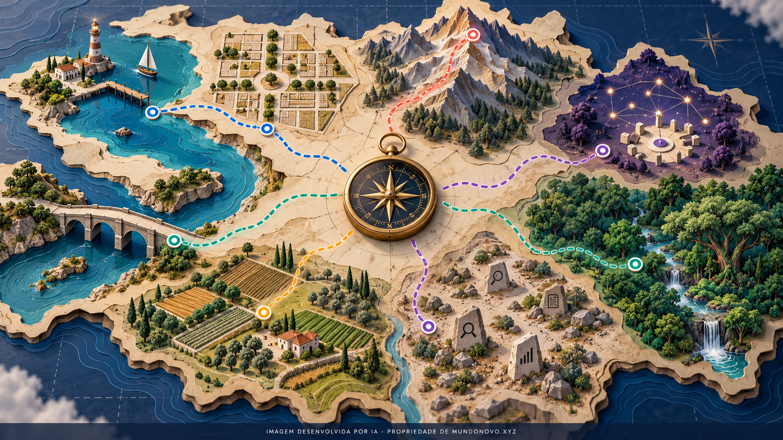 Ilustração de um mapa com diferentes rotas